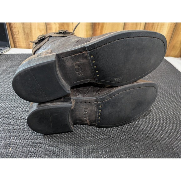 UGG Boots Womens Size 10 Brown Leather Lace Up Combat Mid Calf Buckle 1007672 - Picture 7 of 9